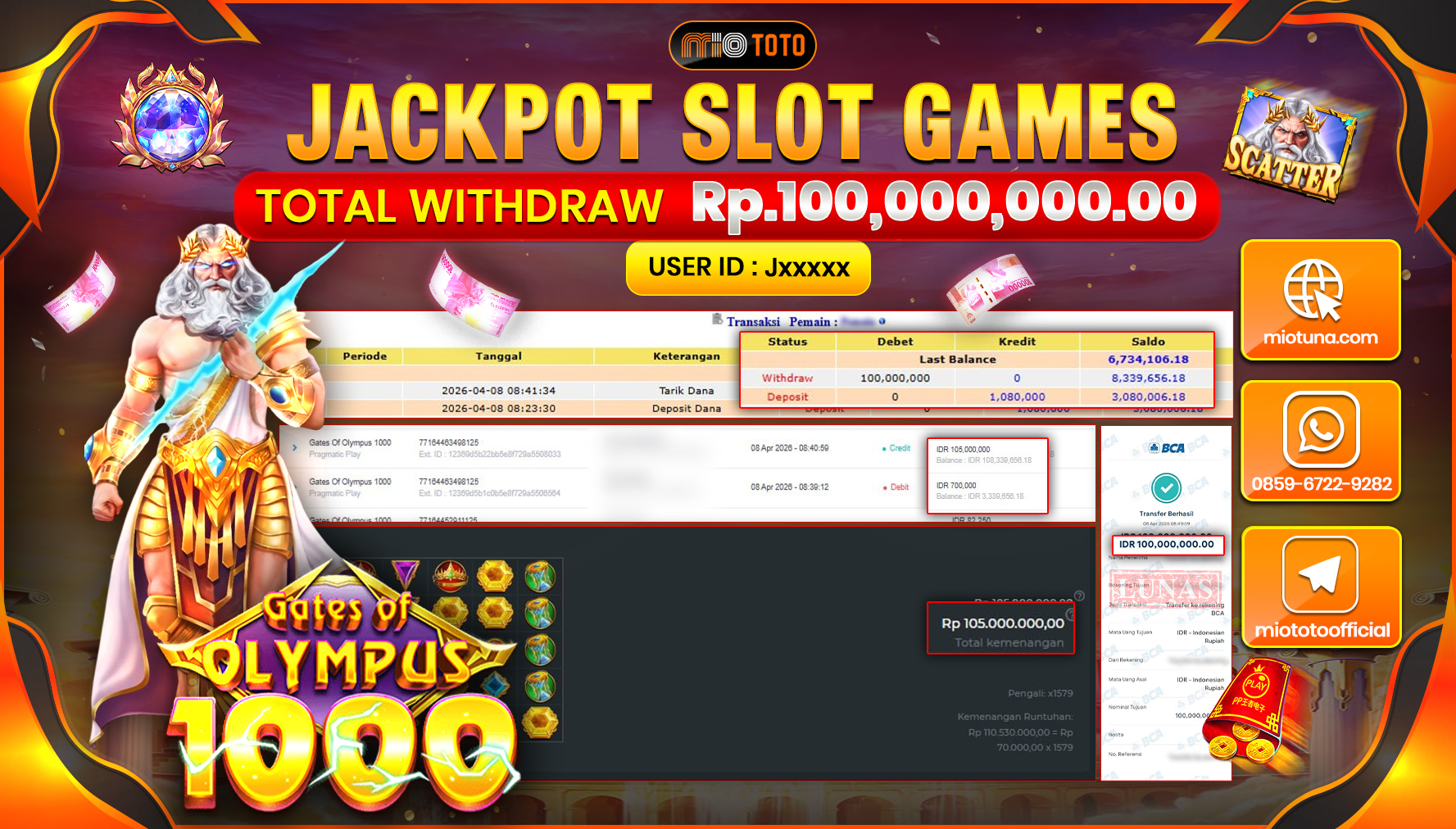 JACKPOT SLOT GATES OF OLYMPUS 1000 Rp.100,000,000 DI BAYAR TUNAI !!!