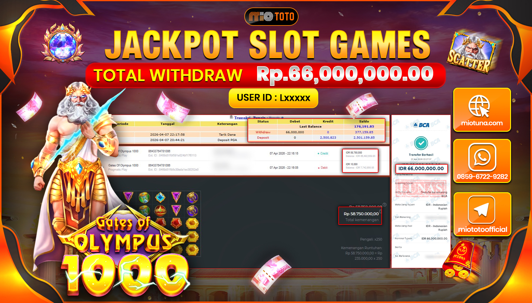 JACKPOT SLOT GATES OF OLYMPUS 1000 Rp.66,000,000 DI BAYAR TUNAI !!!