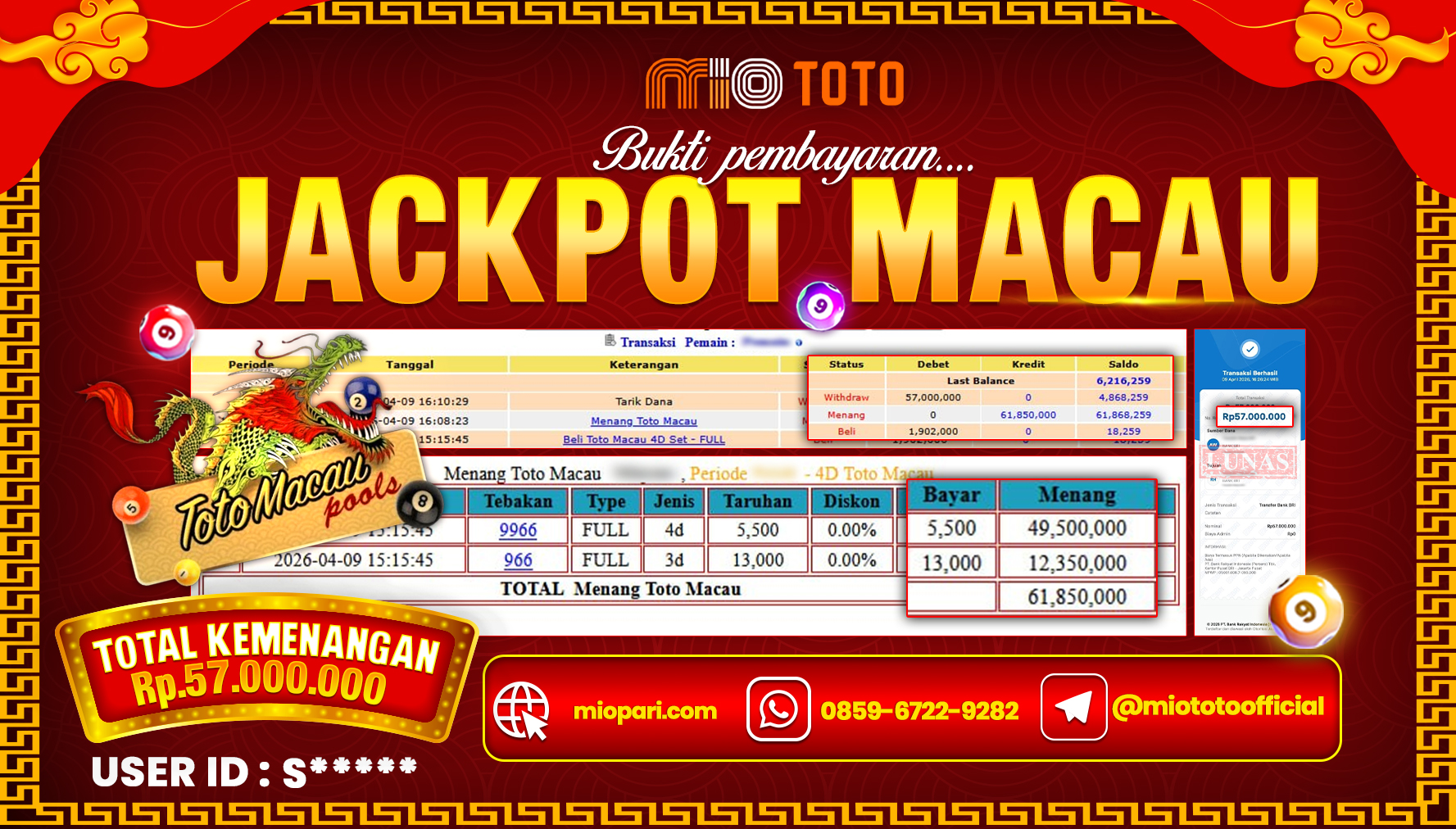 JACKPOT TOGEL TOTO MACAU 4D POOLS Rp.57,000,000 DI BAYAR TUNAI !!!