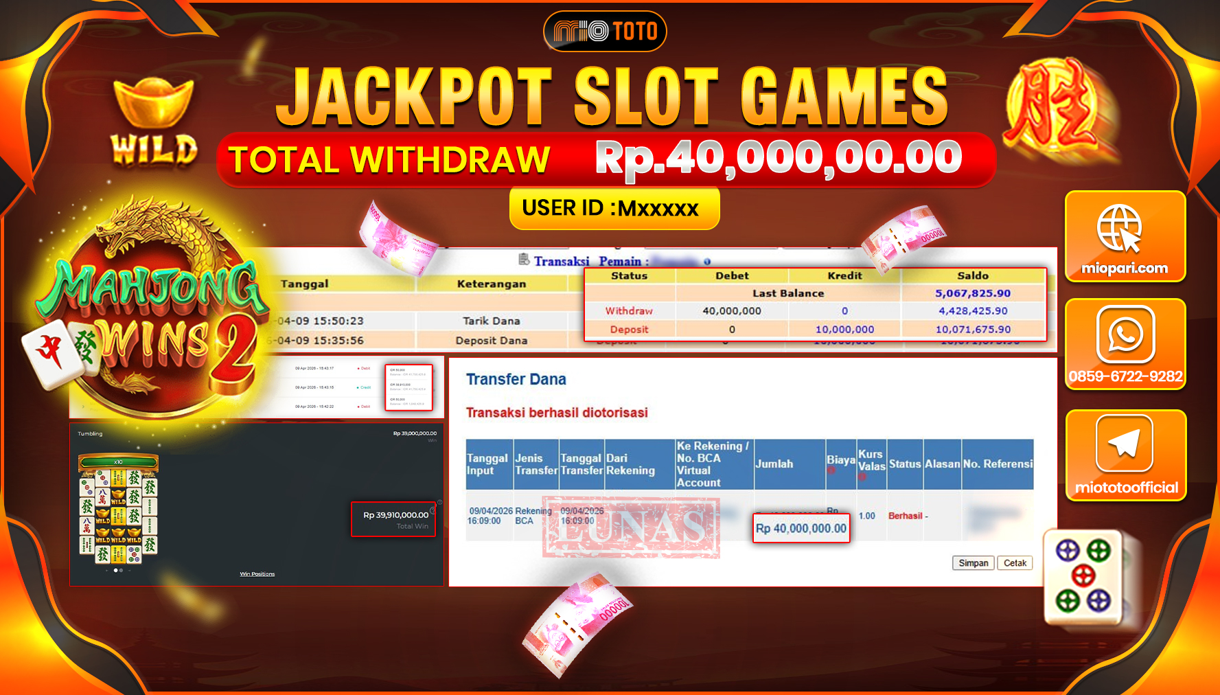 JACKPOT SLOT MAHJONG WINS 2 Rp.40,000,000 DI BAYAR TUNAI !!!