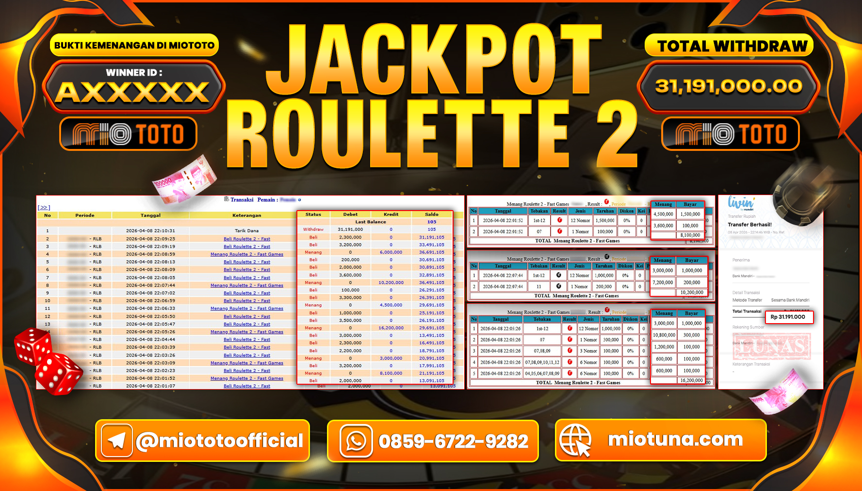 JACKPOT LIVE GAME ROULETTE 2 - FAST Rp.31,191,000 DI BAYAR TUNAI !!!