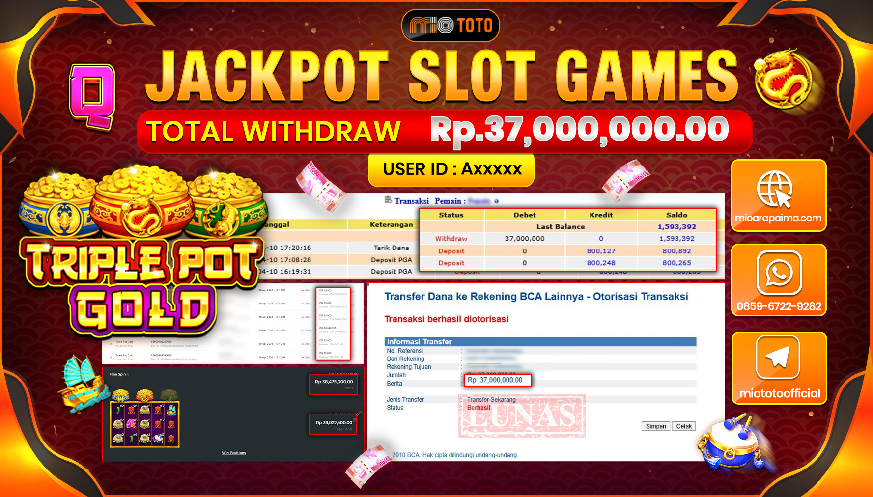 JACKPOT SLOT TRIPLE POT GOLD Rp.37,000,000 DI BAYAR TUNAI !!!