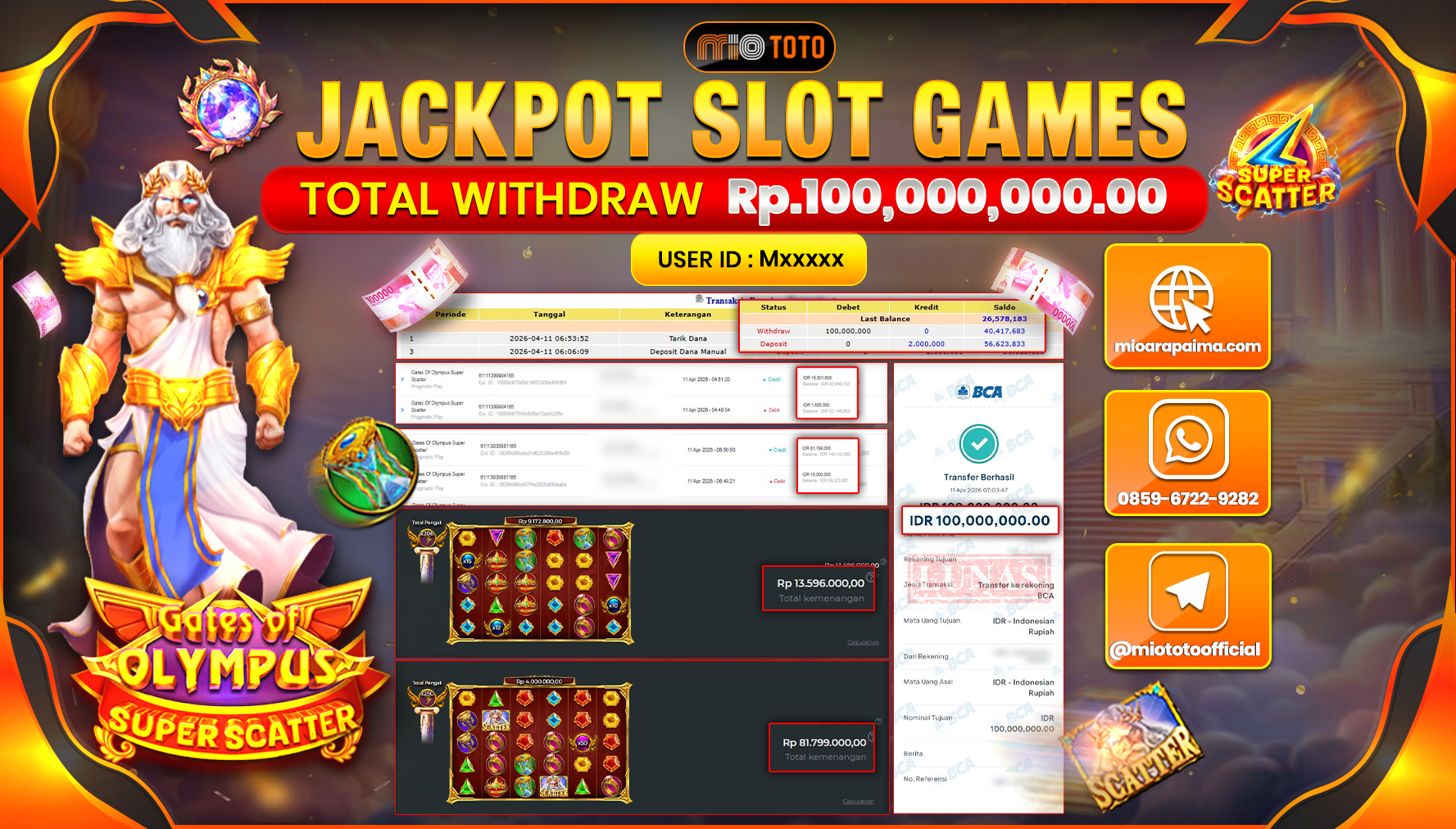 JACKPOT SLOT GATES OF OLYMPUS SUPER SCATTER Rp.100,000,000 DI BAYAR TUNAI !!!