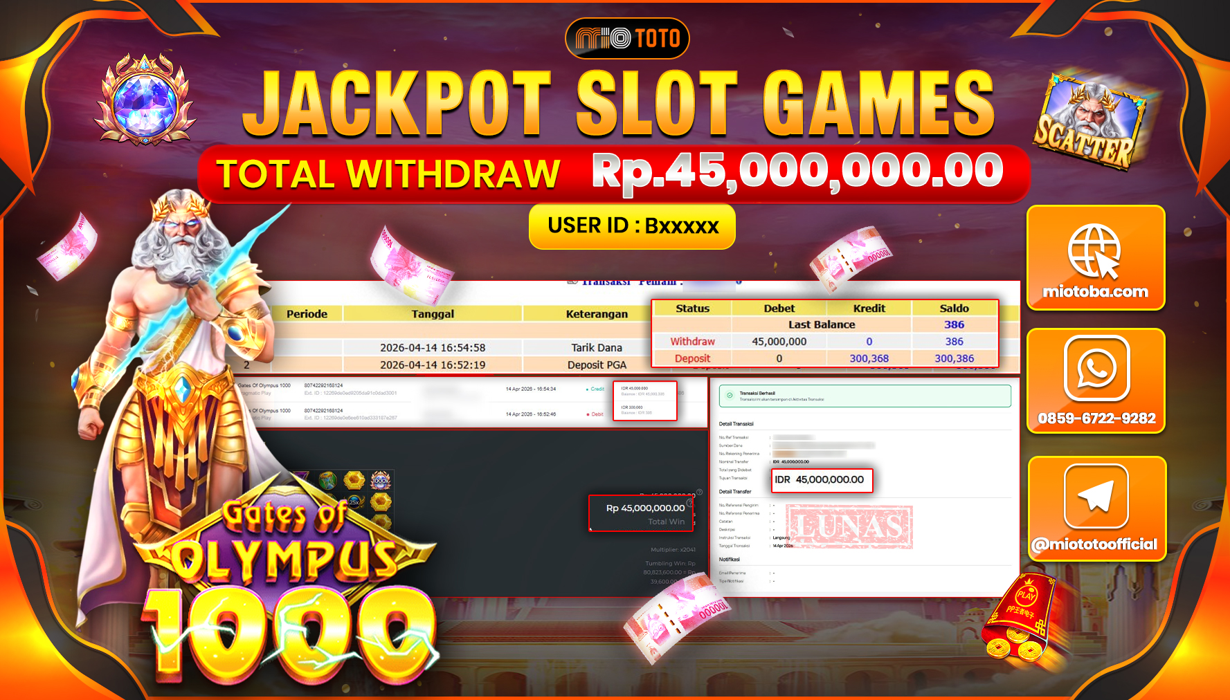 JACKPOT SLOT GATES OF OLYMPUS 1000 Rp.45,000,000 DI BAYAR TUNAI !!!
