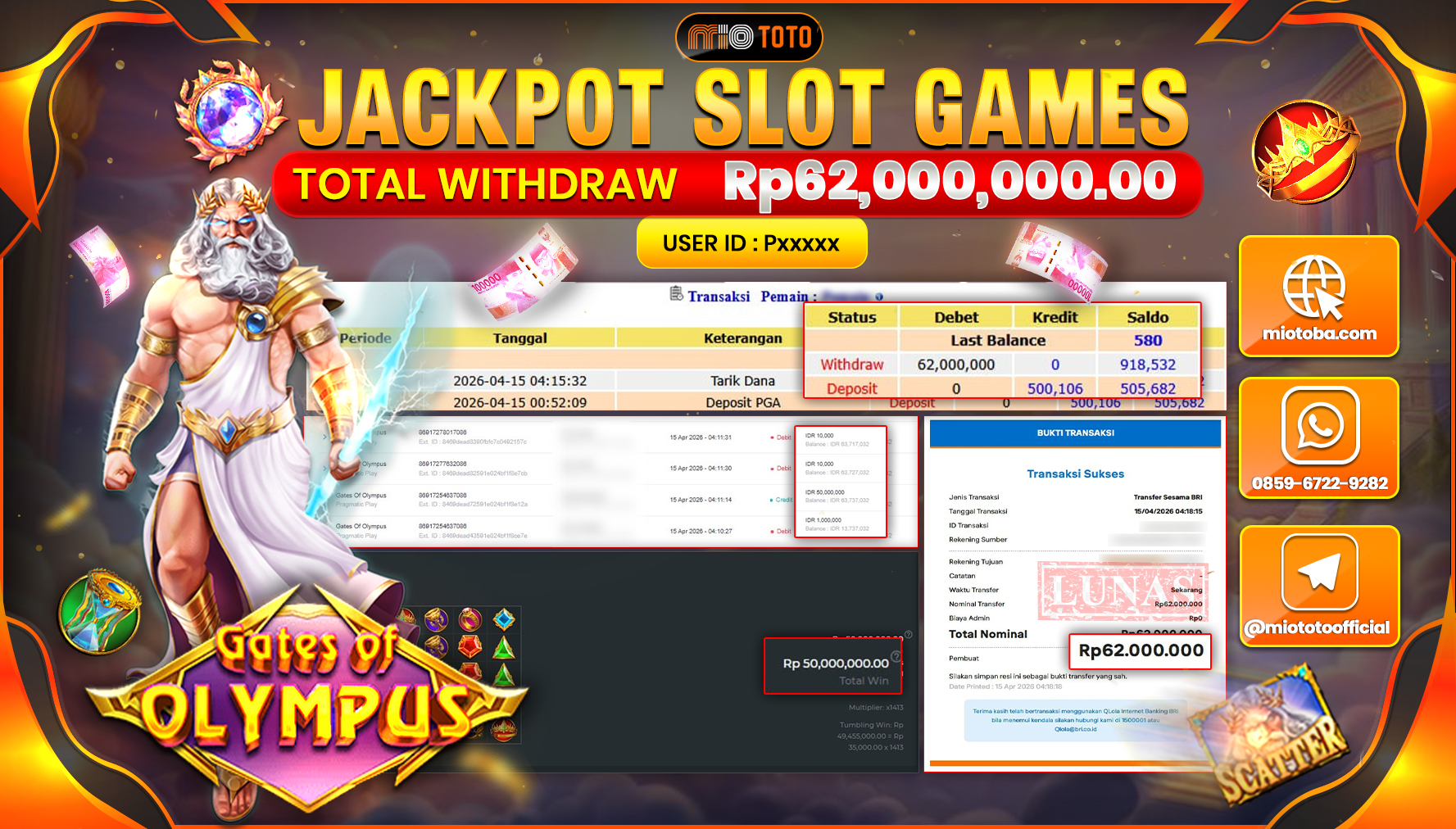 JACKPOT SLOT GATES OF OLYMPUS Rp.62,000,000 DI BAYAR TUNAI !!!
