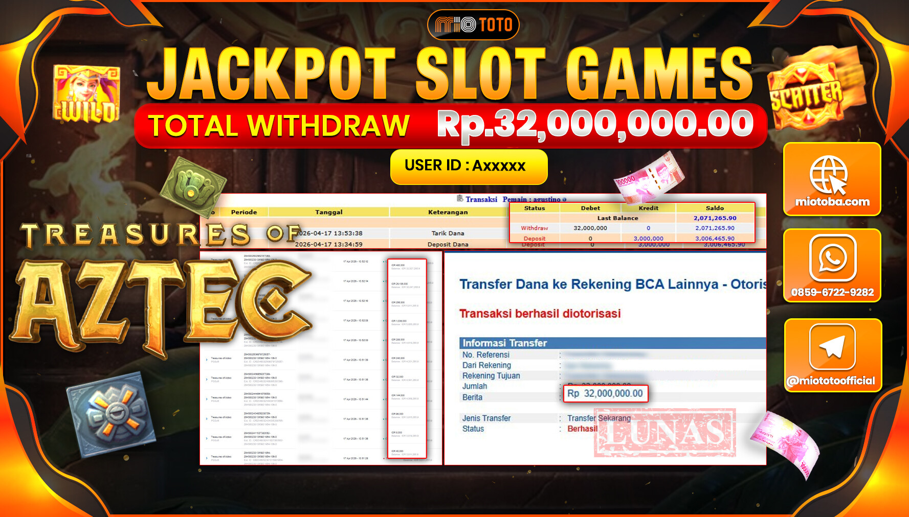 JACKPOT SLOT  TREASURES OF AZTEC Rp.32,000,000 DI BAYAR TUNAI !!!