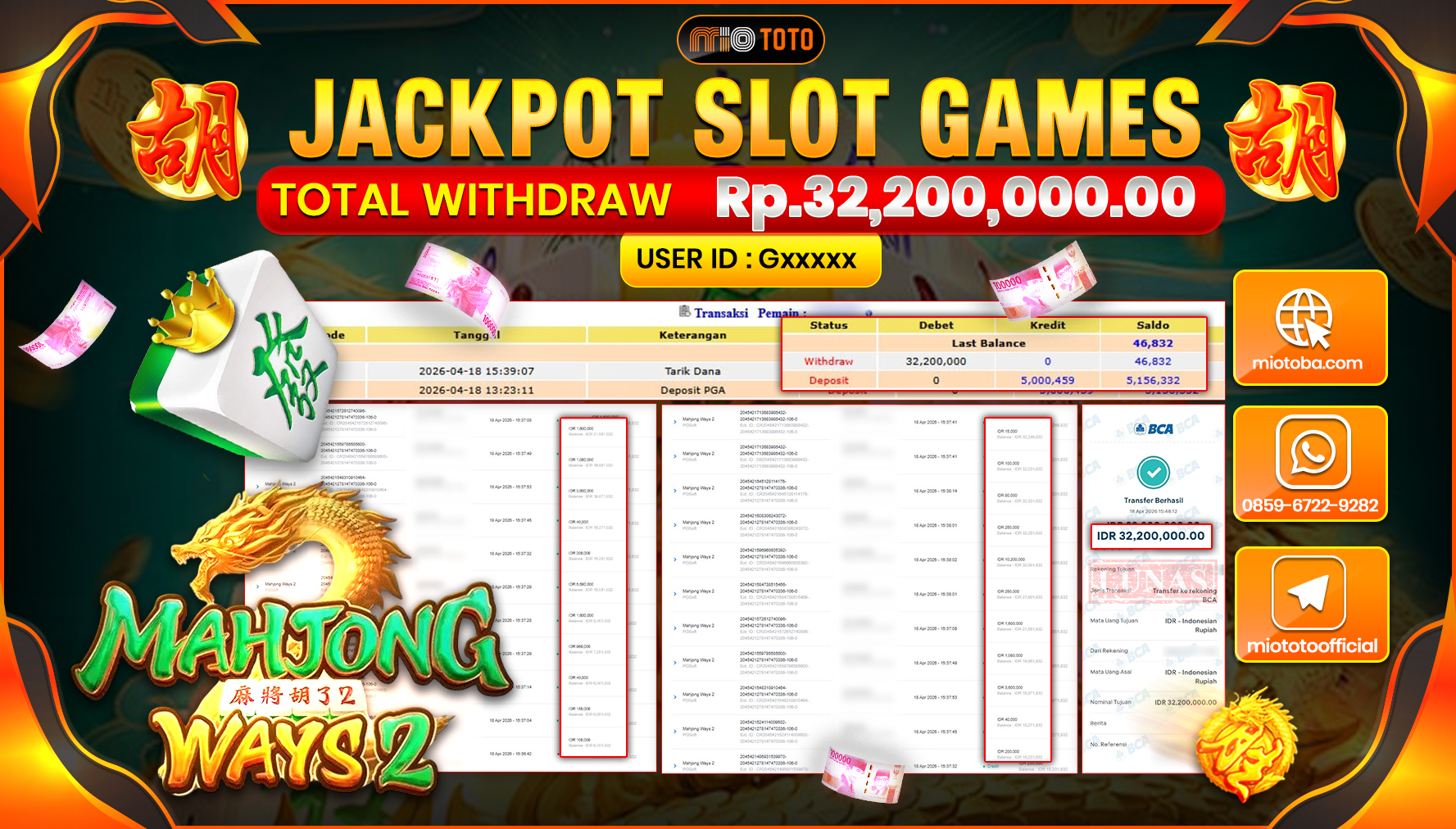 JACKPOT SLOT  MAHJONG WAYS Rp.32,200,000 DI BAYAR TUNAI !!!