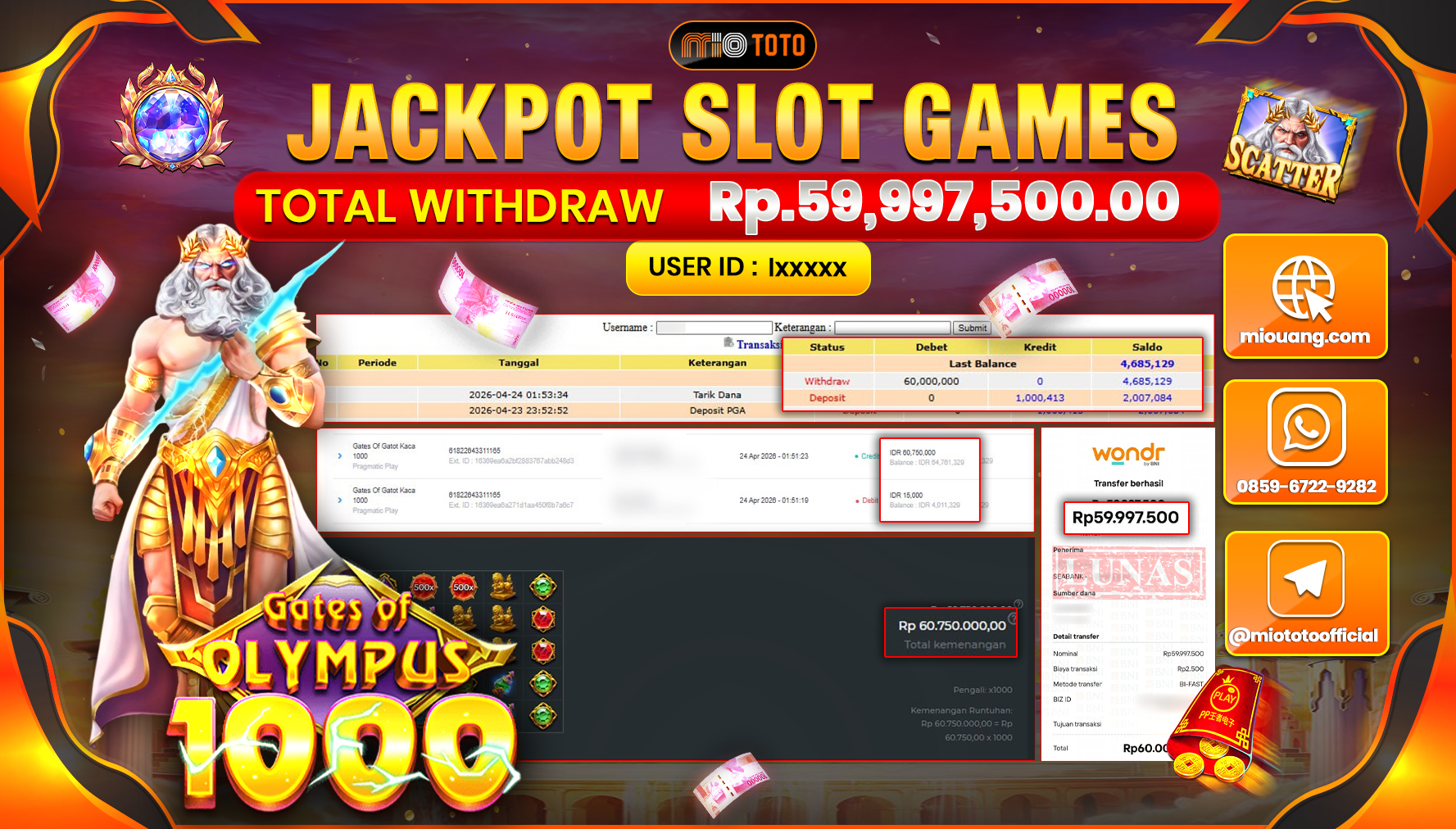 JACKPOT SLOT  GATES OF OLYMPUS 1000 Rp.59,997,500 DI BAYAR TUNAI !!!