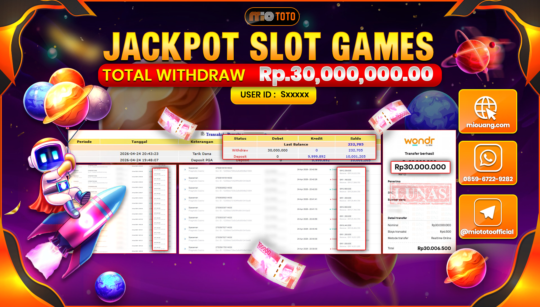 JACKPOT SLOT SPACEMAN Rp.30,000,000 DI BAYAR TUNAI !!!
