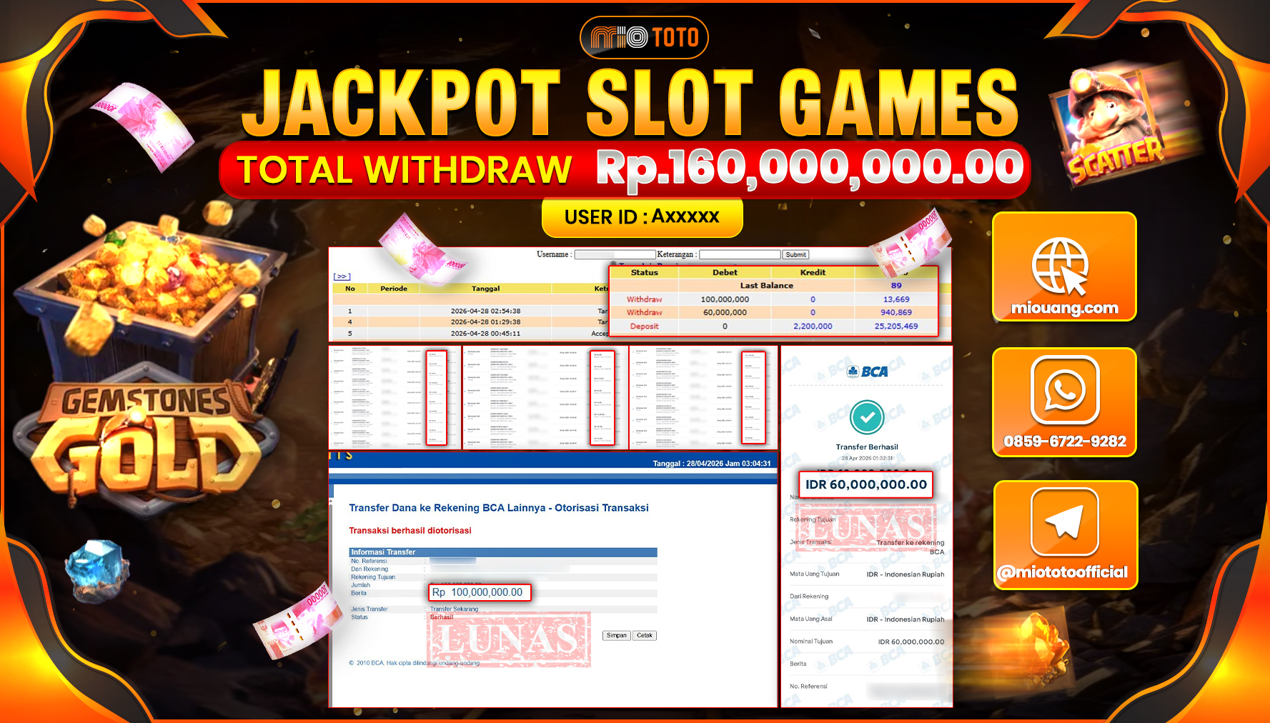 JACKPOT SLOT GEMSTONES GOLD Rp.160,000,000 DI BAYAR TUNAI !!!