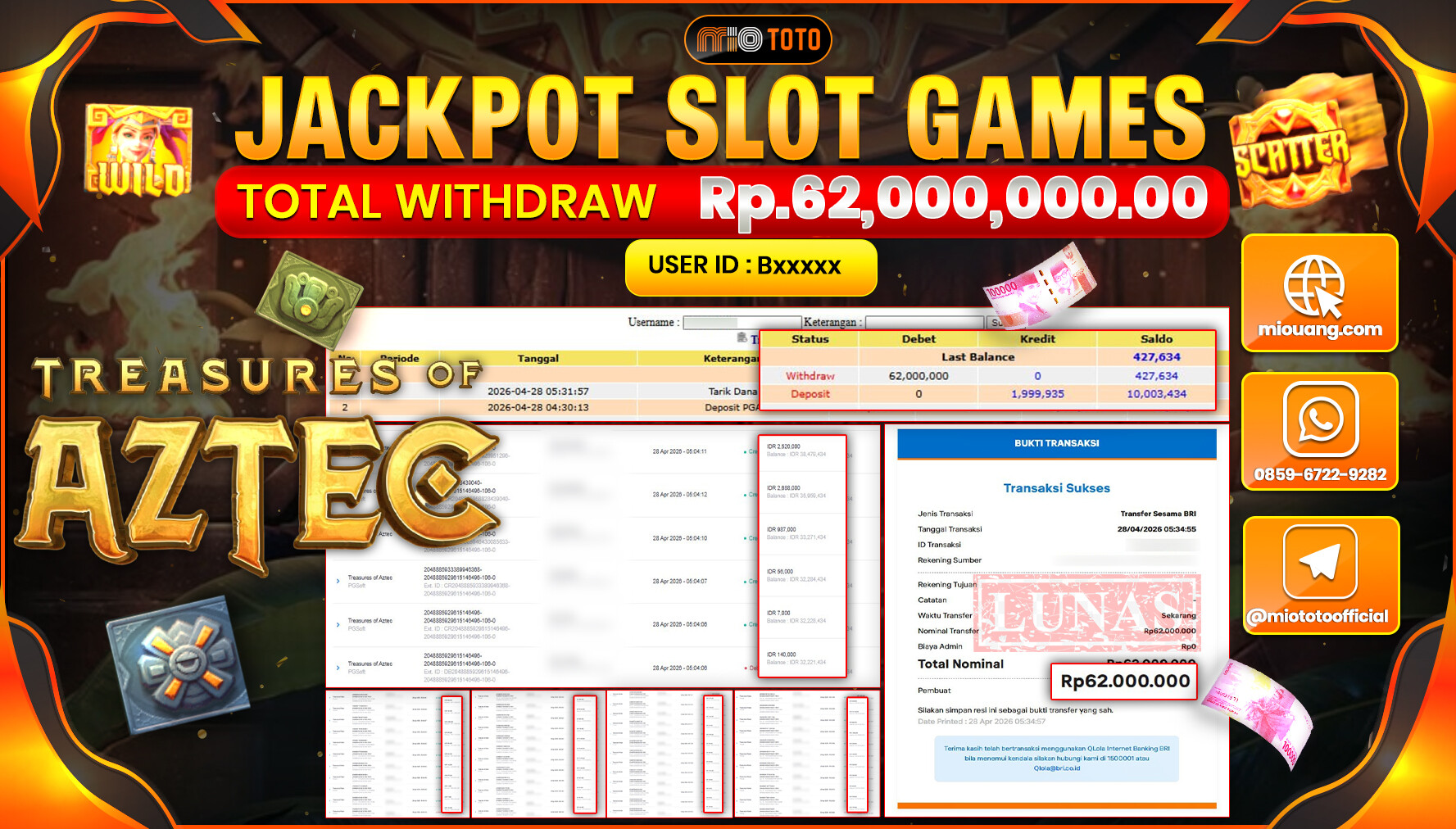 JACKPOT SLOT TREASURES OF AZTEC Rp.62,000,000 DI BAYAR TUNAI !!!