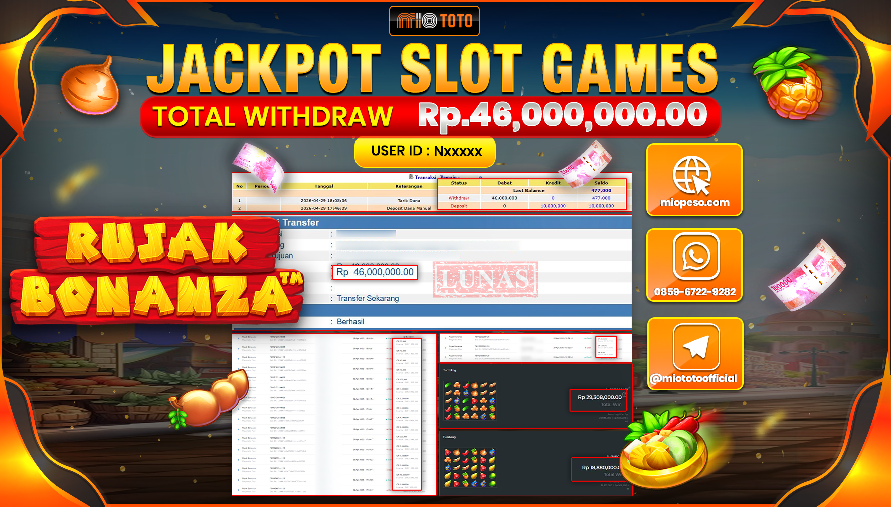 JACKPOT SLOT RUJAK BONANZA Rp.46,000,000 DI BAYAR TUNAI !!!