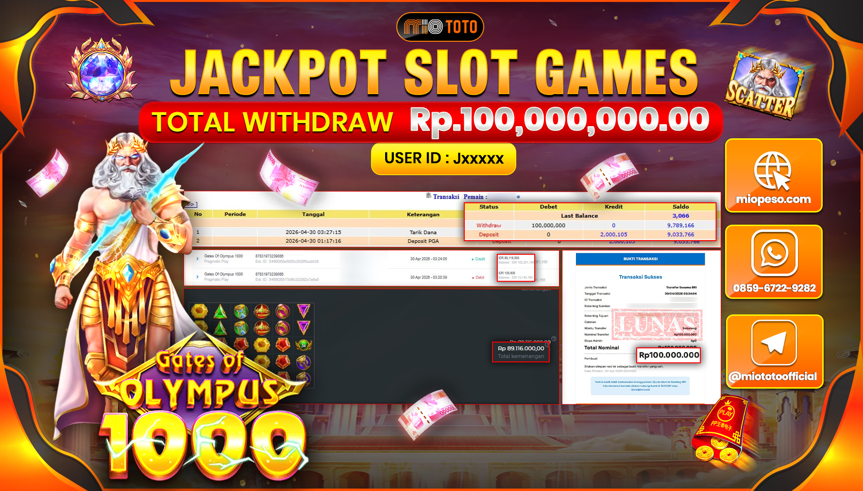 JACKPOT SLOT GATES OF OLYMPUS 1000 Rp.100,000,000 DI BAYAR TUNAI !!!