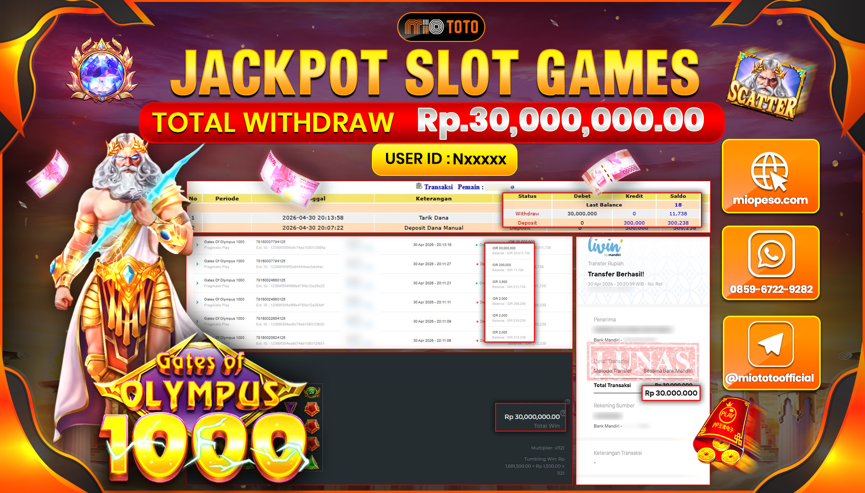 JACKPOT SLOT GATES OF OLYMPUS 1000 Rp.30,000,000 DI BAYAR TUNAI !!!