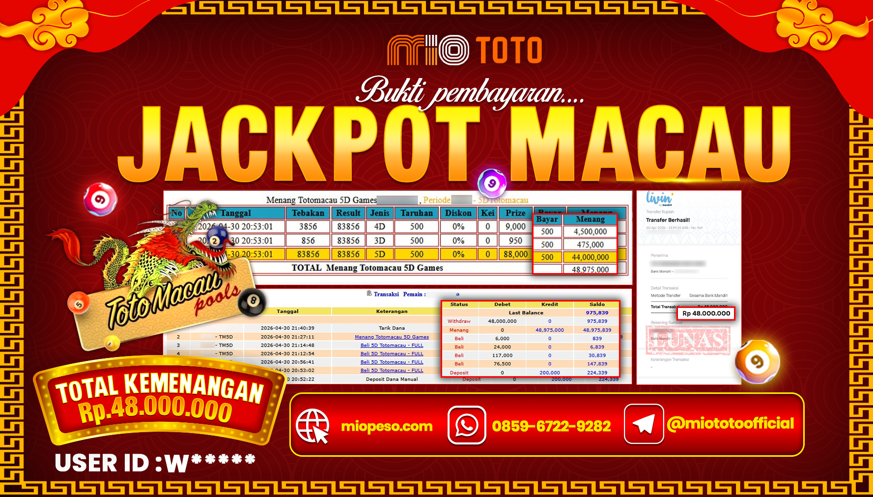 JACKPOT TOGEL TOTO MACAU 5D POOLS Rp.48,000,000 DI BAYAR TUNAI !!!