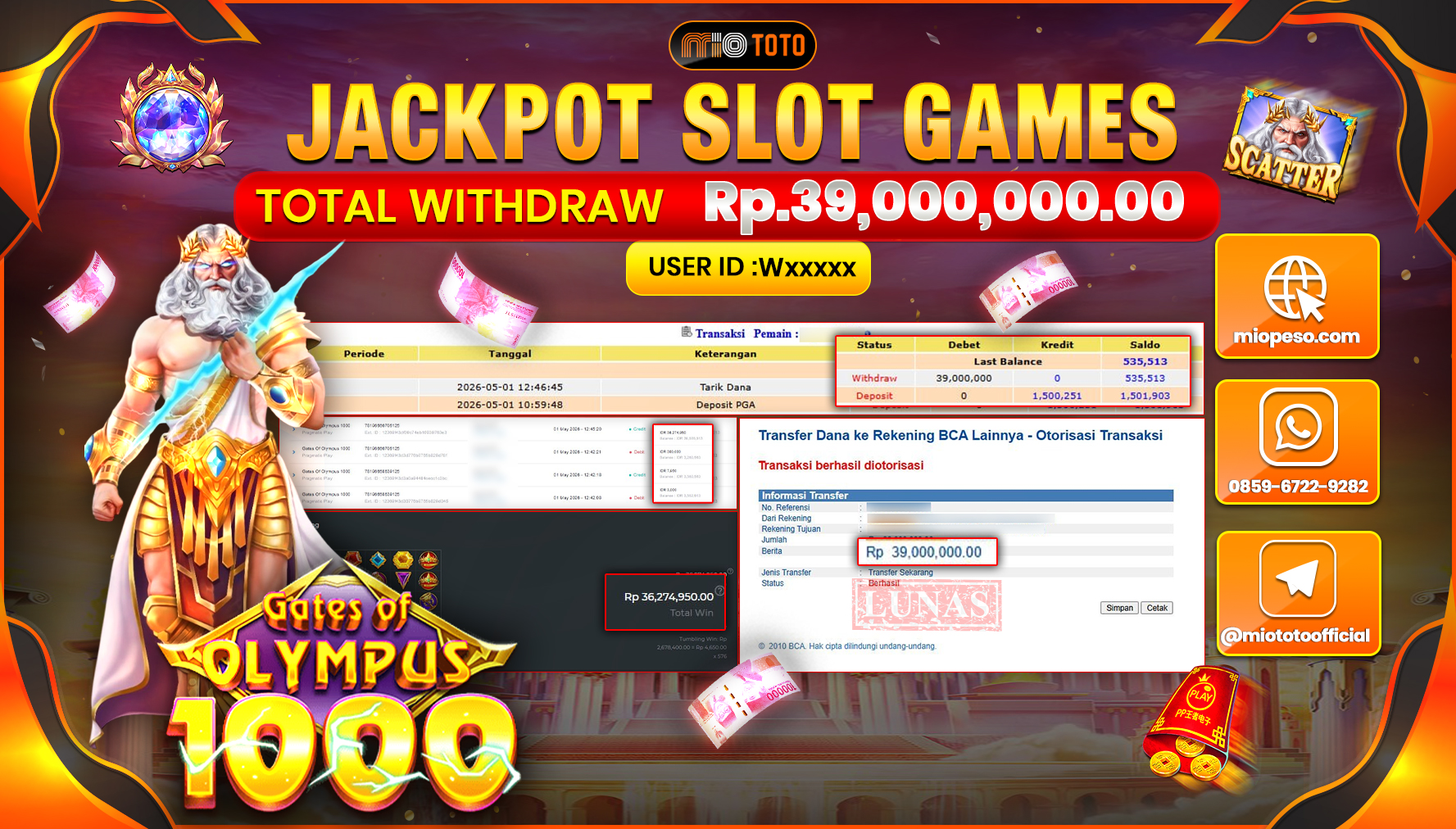 JACKPOT SLOT GATES OF OLYMPUS 1000 Rp.39,000,000 DI BAYAR TUNAI !!!