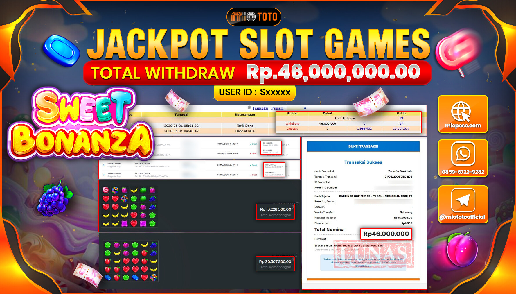 JACKPOT SLOT SWEET BONANZA Rp.46,000,000 DI BAYAR TUNAI !!!