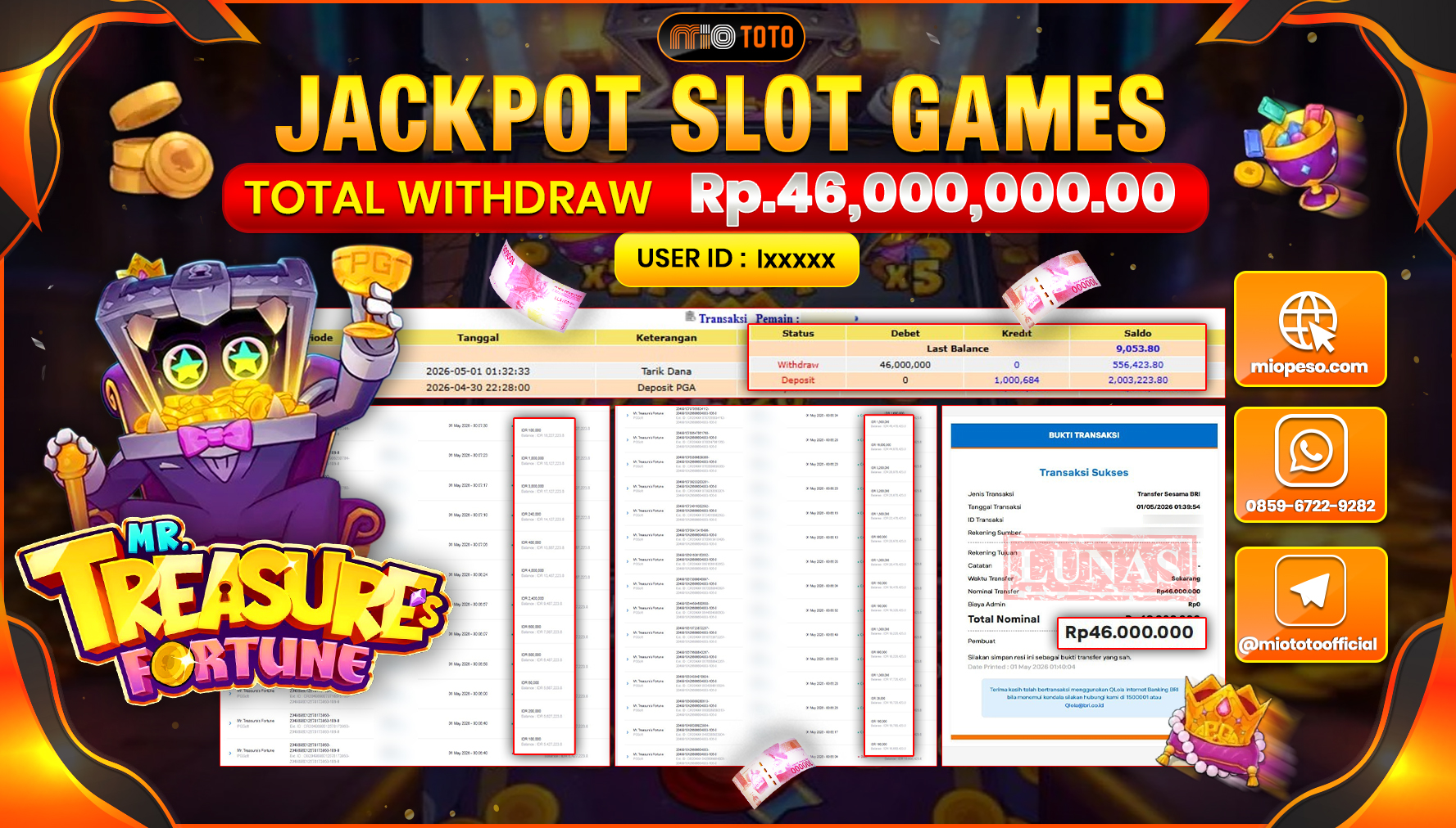 JACKPOT SLOT MR TREASURES FORTUNE Rp.46,000,000 DI BAYAR TUNAI !!!