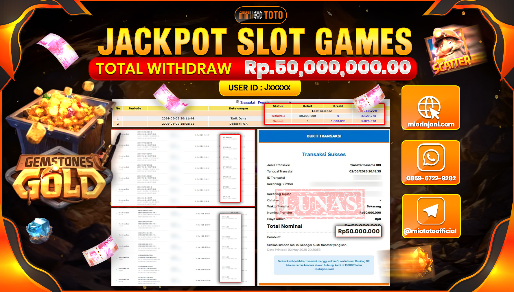 JACKPOT SLOT GEMSTONES GOLD Rp.50,000,000 DI BAYAR TUNAI !!!