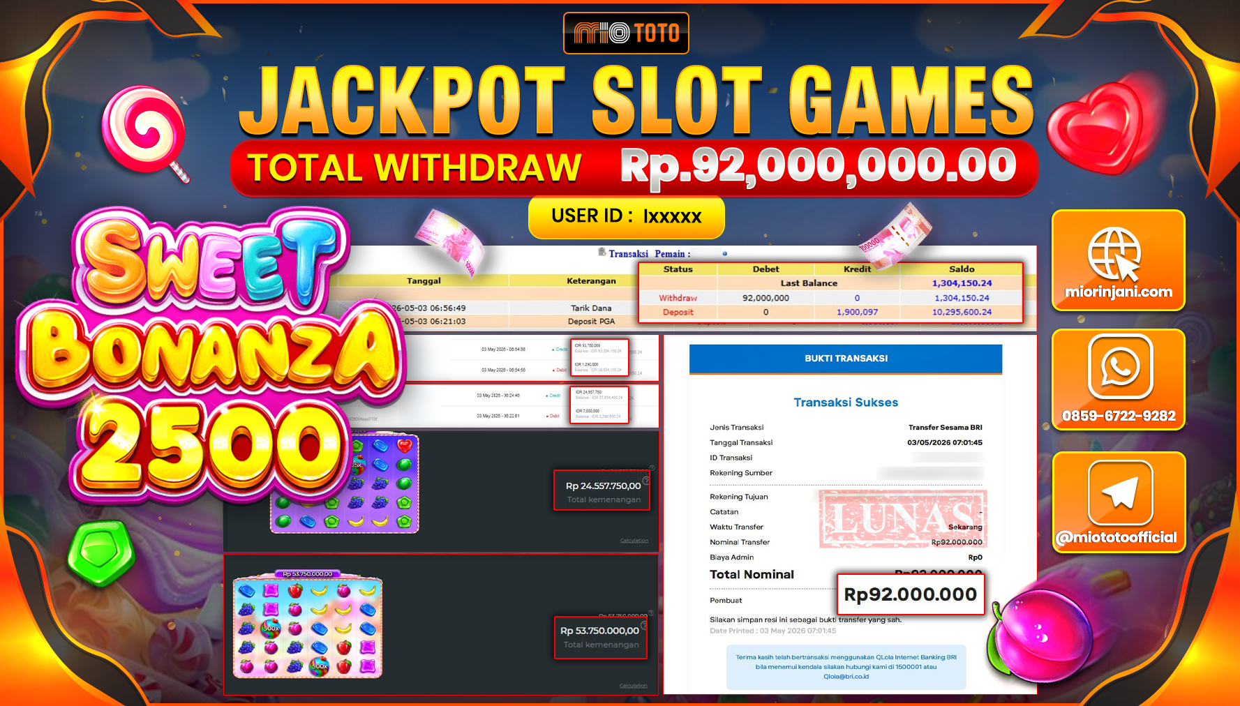 JACKPOT SLOT SWEET BONANZA 2500 Rp.92,000,000 DI BAYAR TUNAI !!!