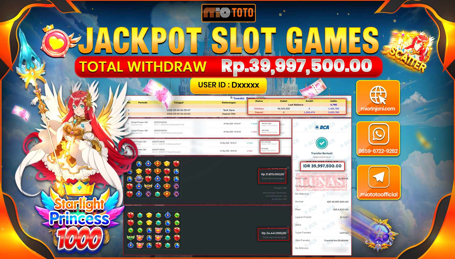 JACKPOT SLOT STARLIGHT PRINCESS 1000 Rp.39,997,500 DI BAYAR TUNAI !!!