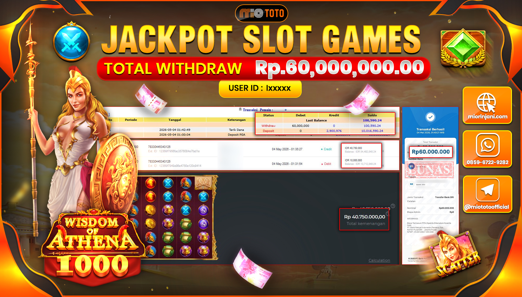 JACKPOT SLOT WISDOM OF ATHENA 1000 Rp.60,000,000 DI BAYAR TUNAI !!!