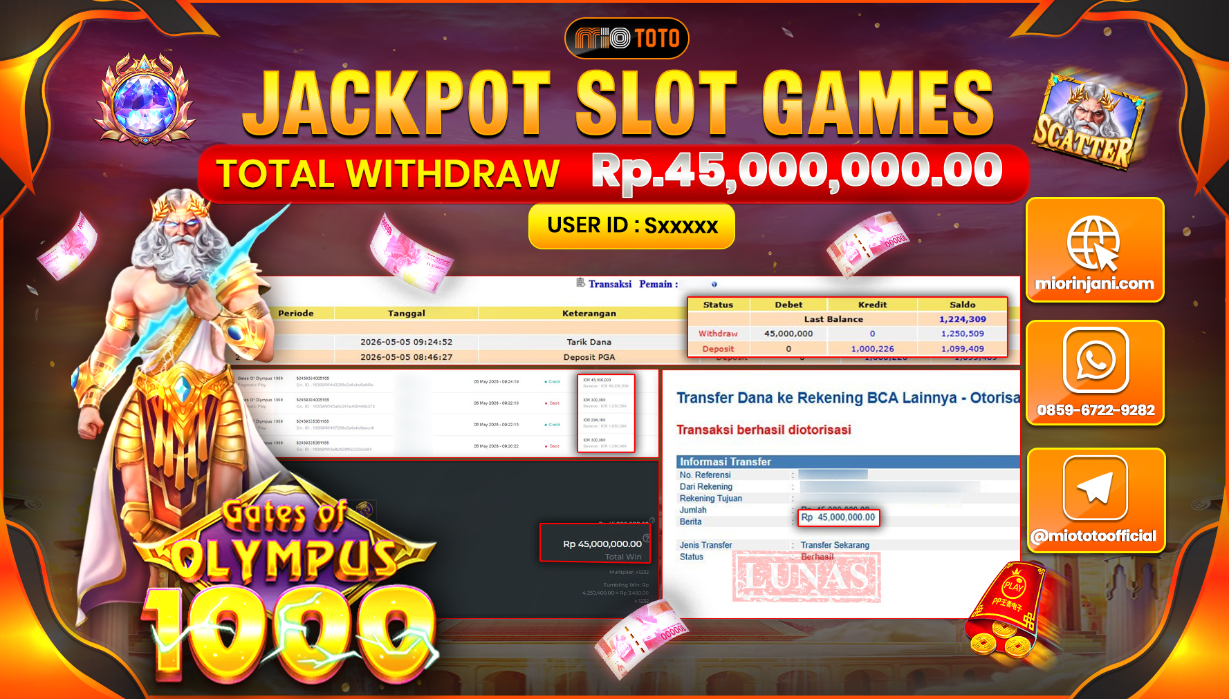 JACKPOT SLOT GATES OF OLYMPUS 1000 Rp.45,000,000 DI BAYAR TUNAI !!!