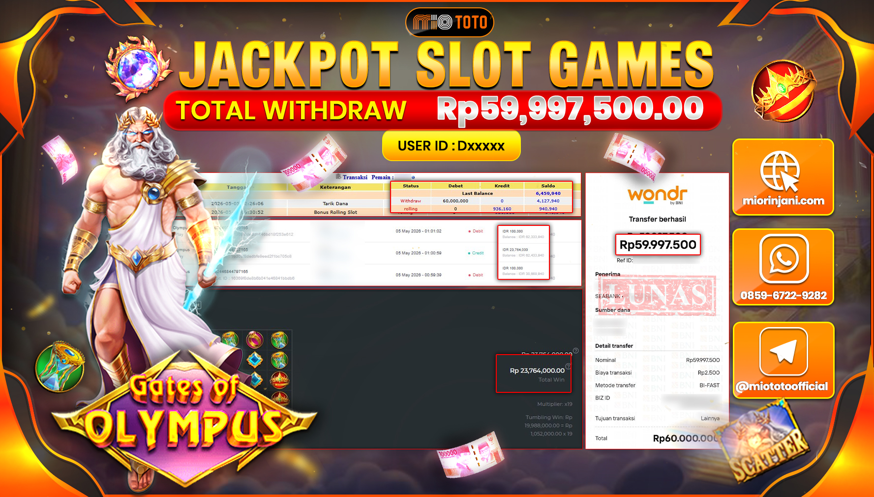 JACKPOT SLOT GATES OF OLYMPUS Rp.59,997,500 DI BAYAR TUNAI !!!