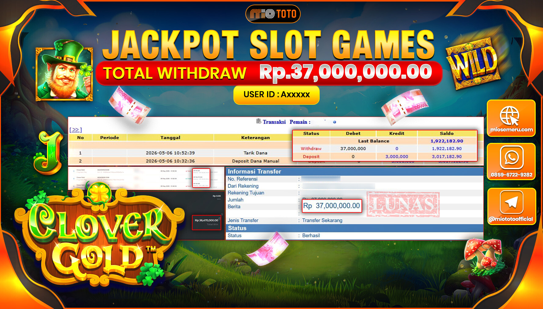 JACKPOT SLOT CLOVER GOLD Rp.37,000,000 DI BAYAR TUNAI !!!