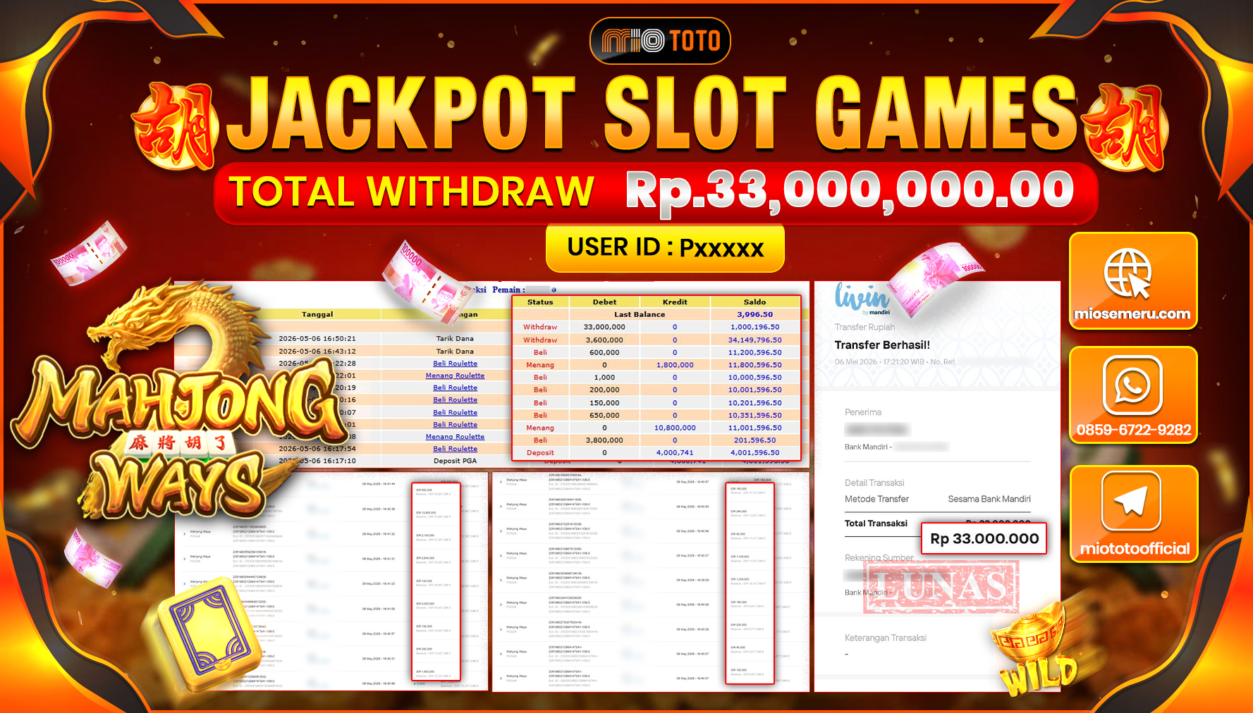 JACKPOT SLOT MAHJONG WAYS Rp.33,000,000 DI BAYAR TUNAI !!!