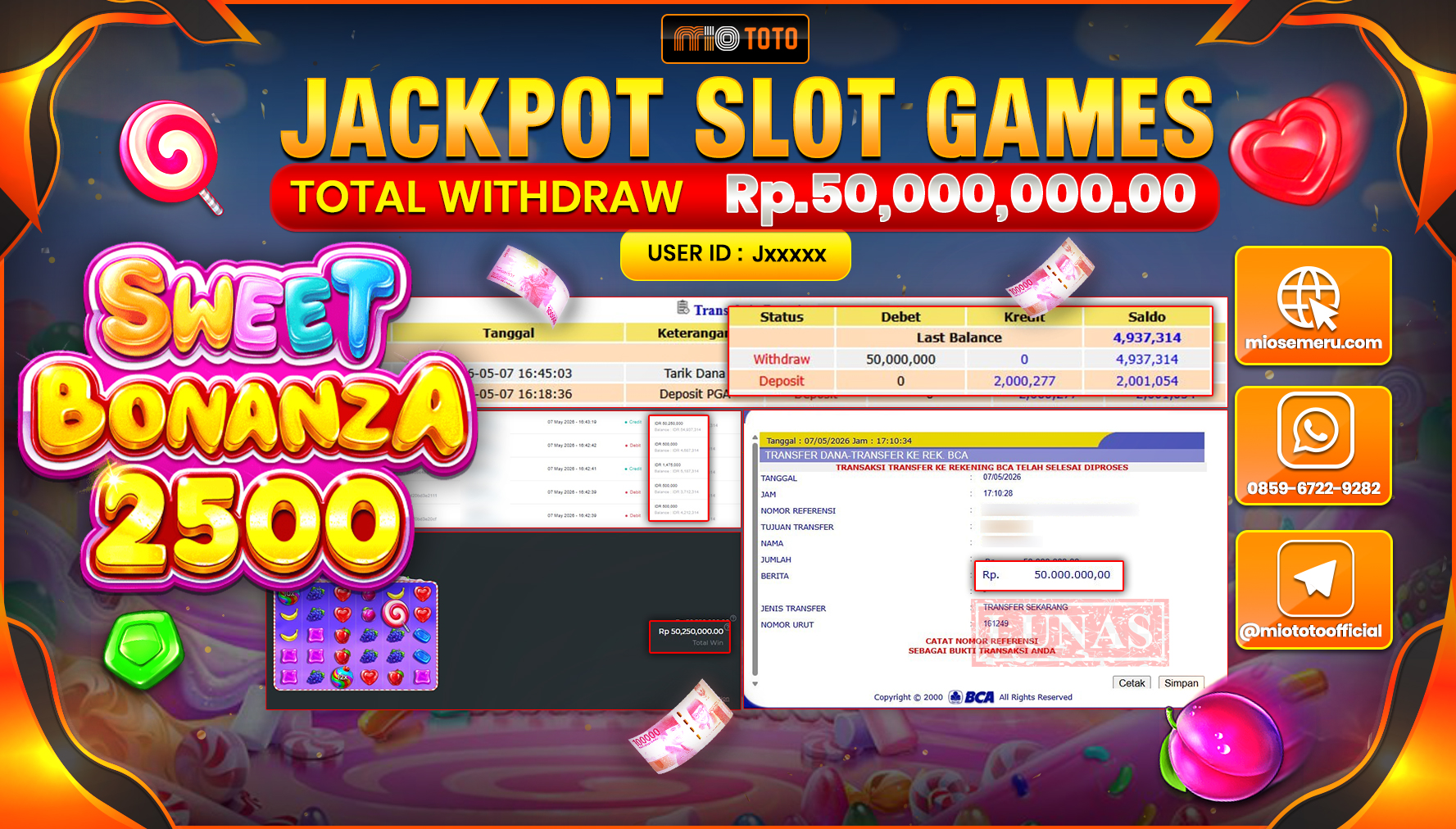 JACKPOT SLOT SWEET BONANZA 2500 Rp.50,000,000 DI BAYAR TUNAI !!!