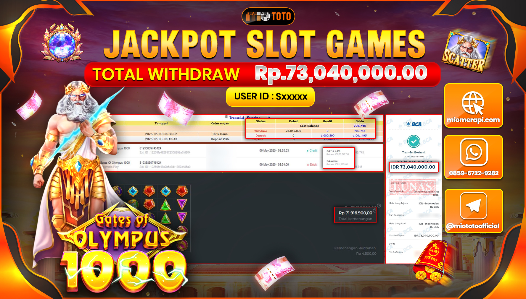JACKPOT SLOT GATES OF OLYMPUS 1000 Rp.73,040,000 DI BAYAR TUNAI !!!