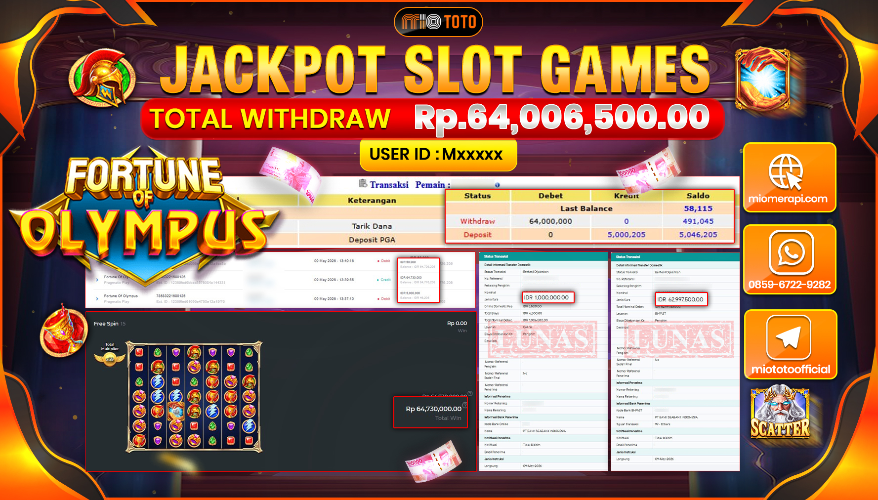 JACKPOT SLOT FORTUNE OF OLYMPUS Rp.64,006,500 DI BAYAR TUNAI !!!