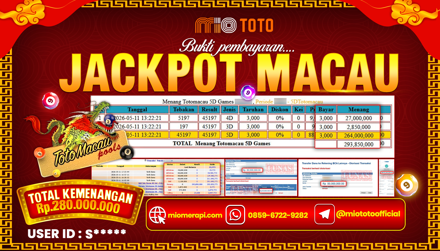 JACKPOT TOGEL TOTOMACAU 5D POOLS Rp.280,000,000 DI BAYAR TUNAI !!!