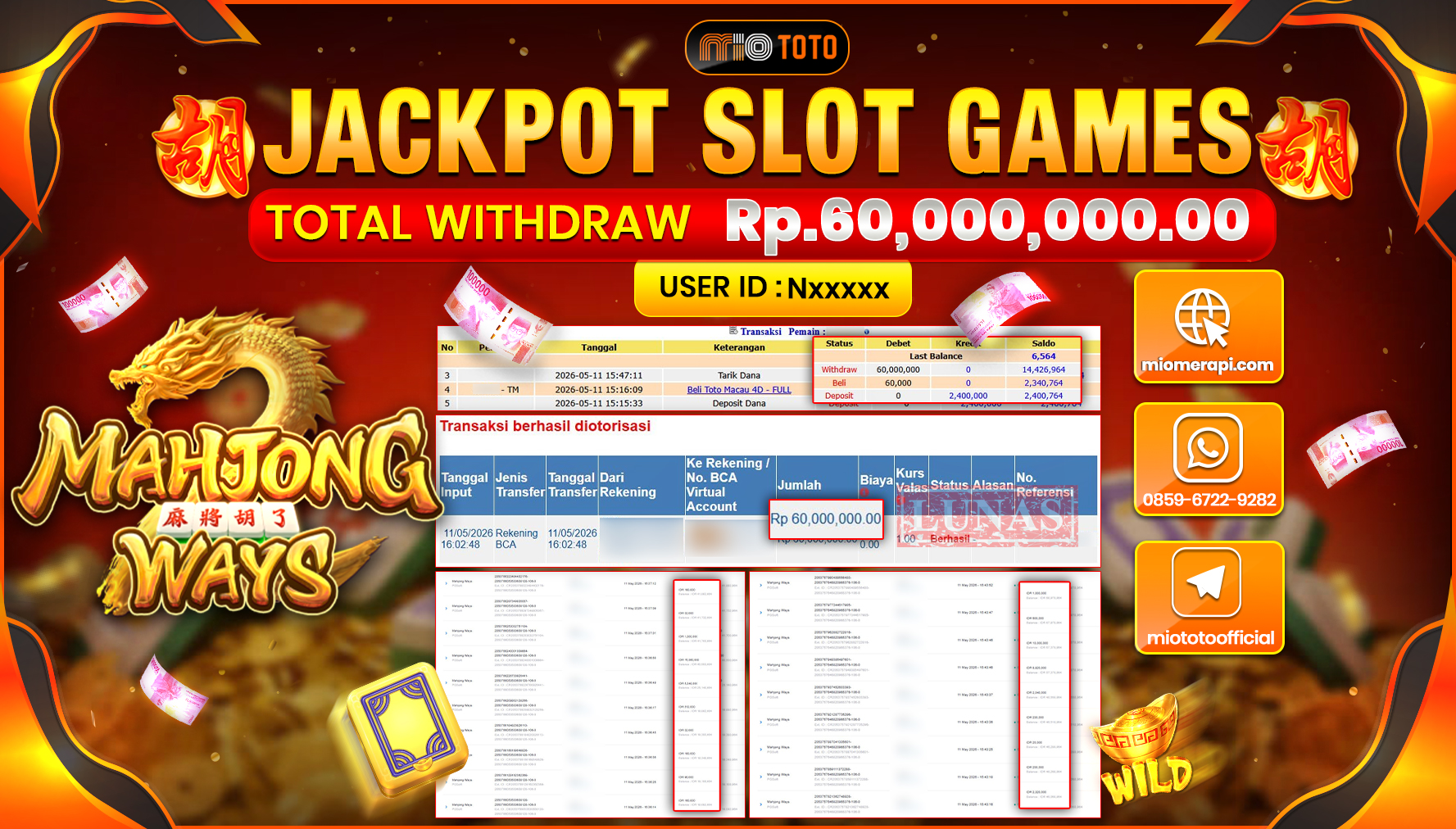 JACKPOT SLOT MAHJONG WAYS Rp.60,000,000 DI BAYAR TUNAI !!!