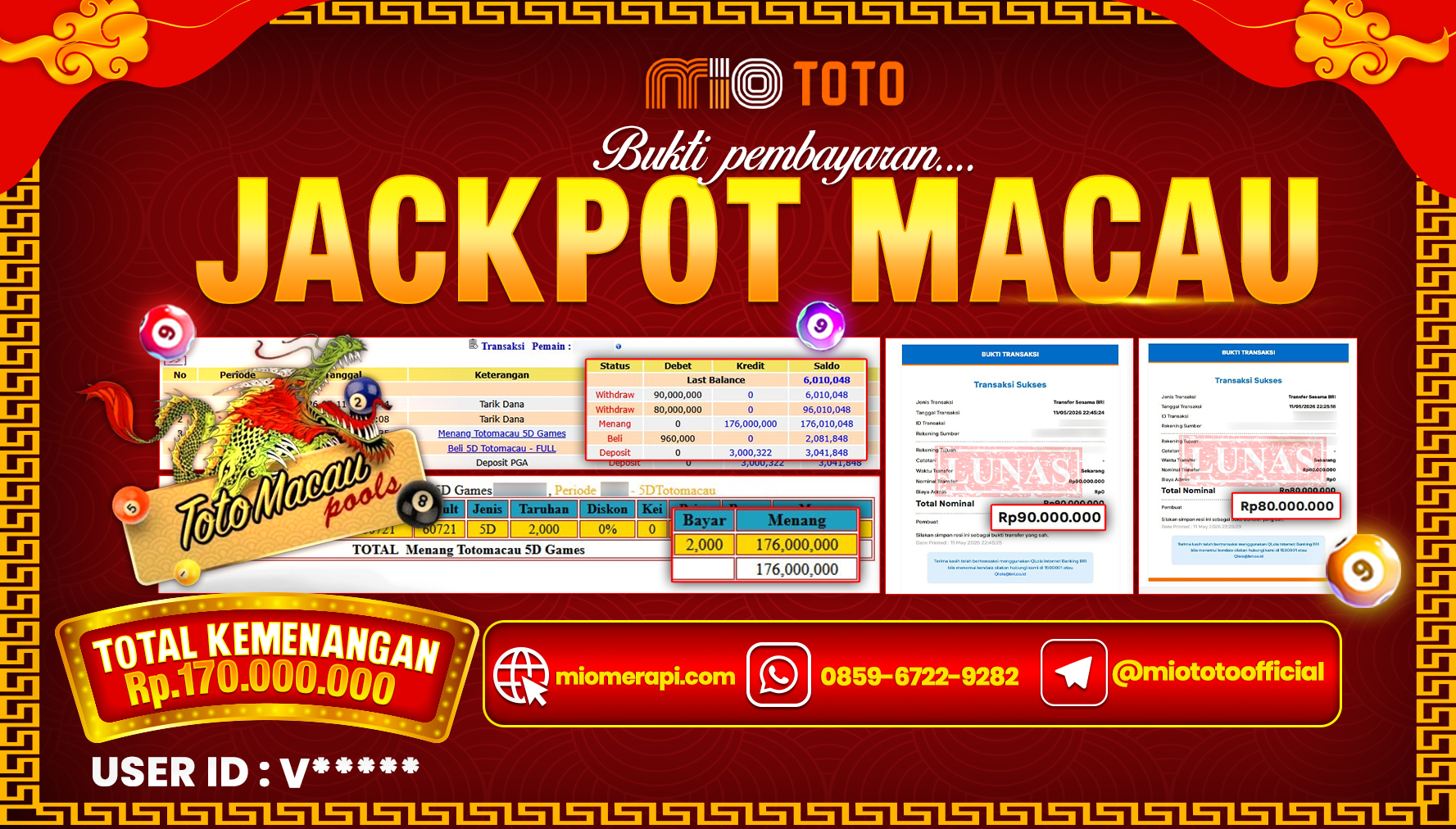JACKPOT TOGEL TOTOMACAU 5D POOLS Rp.170,000,000 DI BAYAR TUNAI !!!