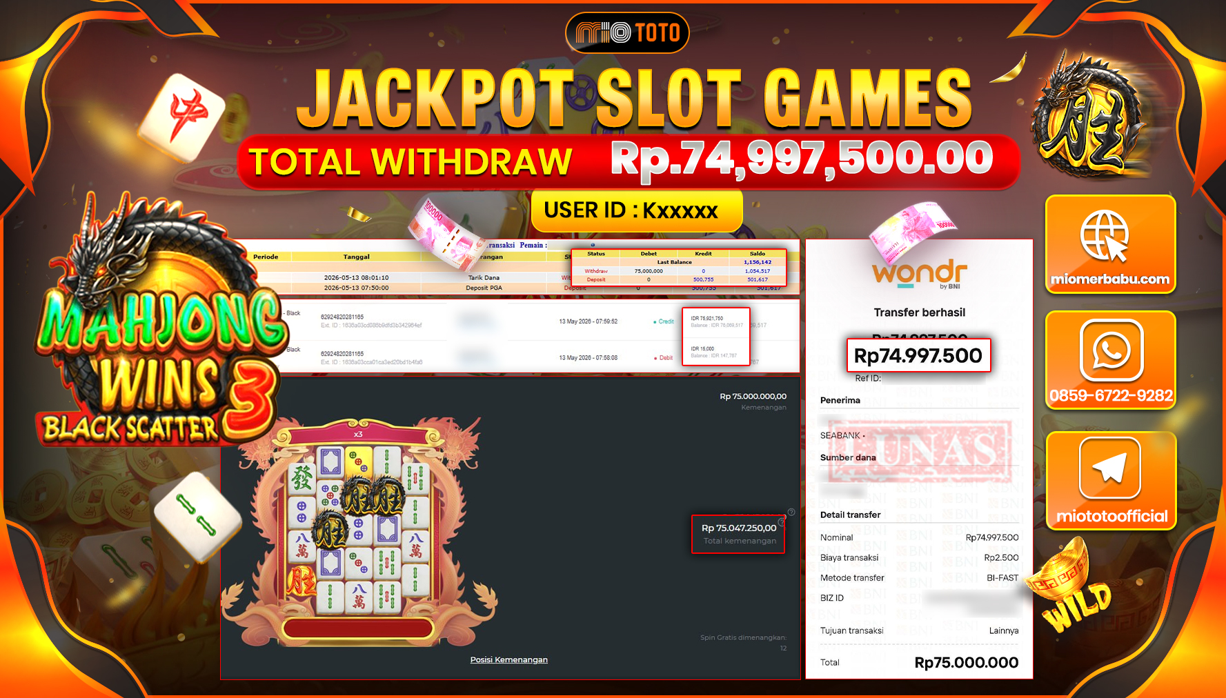 JACKPOT SLOT MAHJONG WINS 3 BLACK SCATTER Rp.74,997,500 DI BAYAR TUNAI !!!