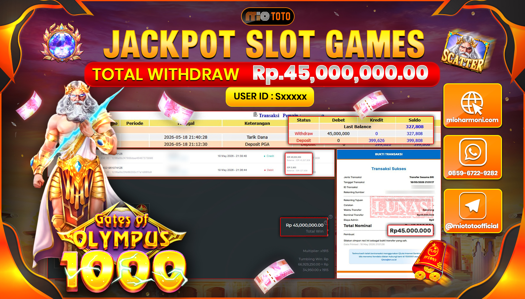 JACKPOT SLOT GATES OF OLYMPUS 1000 Rp.45,000,000 DI BAYAR TUNAI !!!