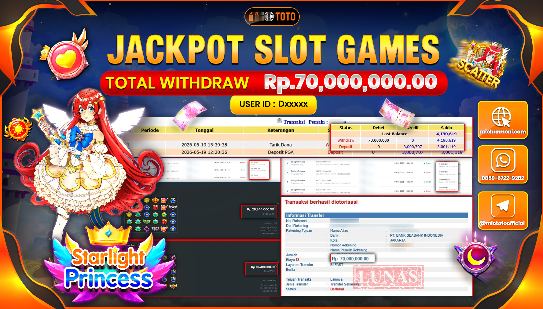 JACKPOT SLOT STARLIGHT PRINCESS Rp.70,000,000 DI BAYAR TUNAI !!!