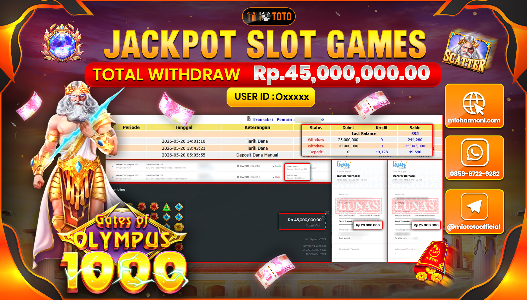 JACKPOT SLOT GATES OF OLYMPUS 1000 Rp.45,000,000 DI BAYAR TUNAI !!!