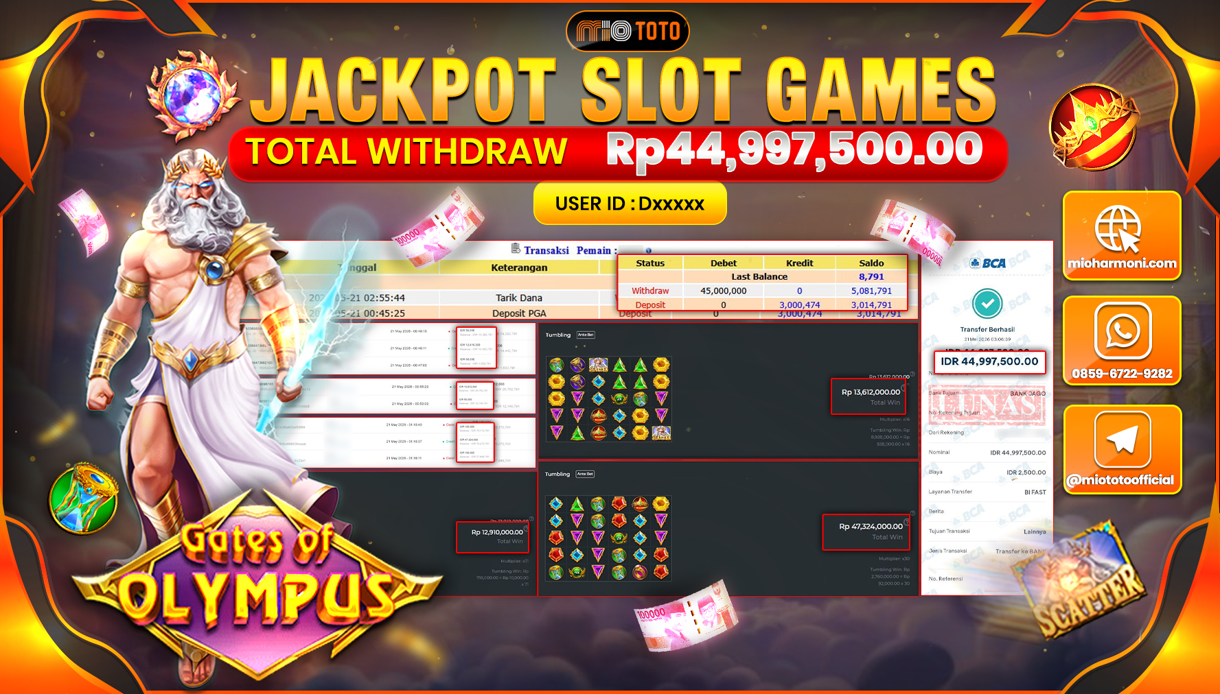 JACKPOT SLOT GATES OF OLYMPUS Rp.44,997,500 DI BAYAR TUNAI !!!