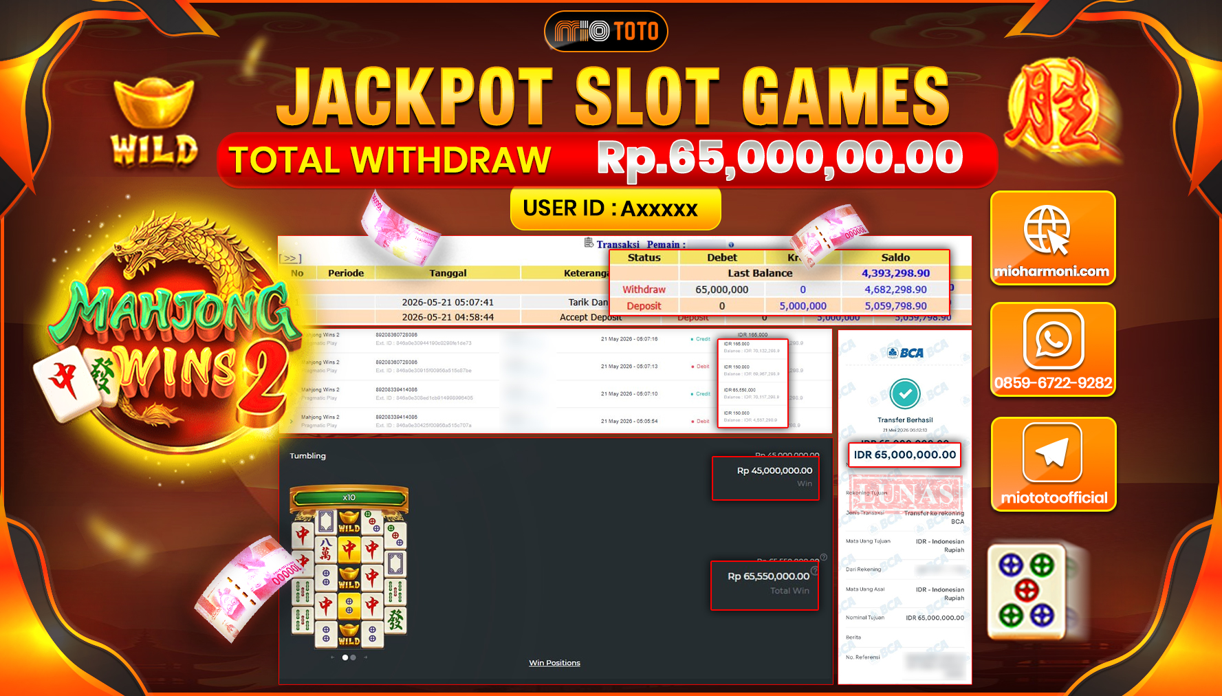 JACKPOT SLOT MAHJONG WINS 2 Rp.65,000,000 DI BAYAR TUNAI !!!