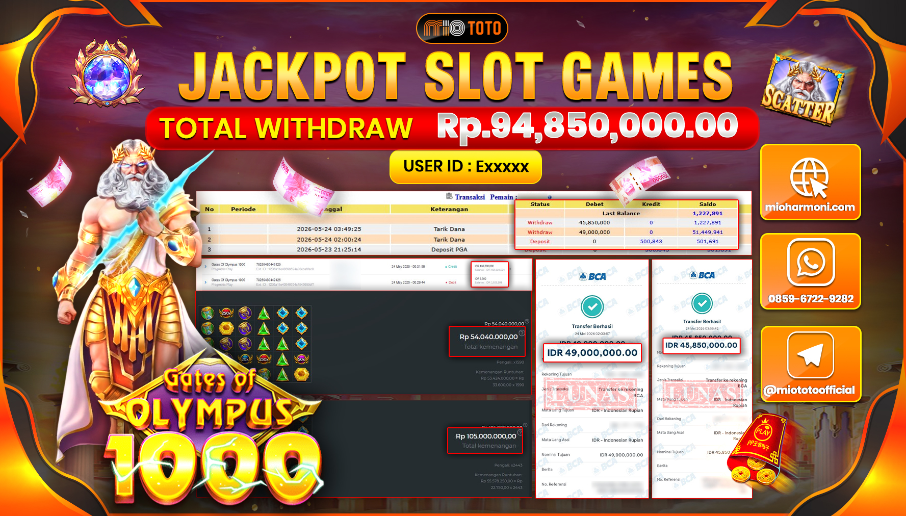 JACKPOT SLOT GATES OF OLYMPUS 1000 Rp.94,850,000 DI BAYAR TUNAI !!!