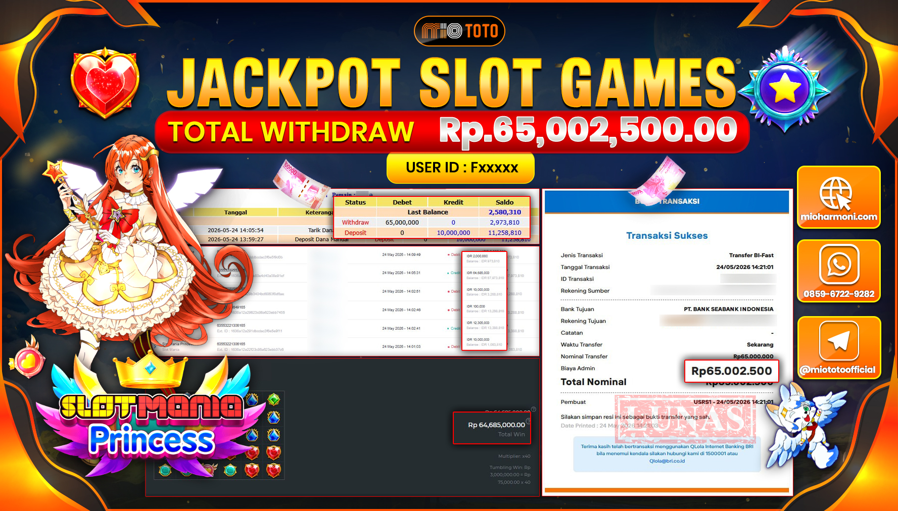 JACKPOT SLOT MANIA PRINCESS Rp.65,002,500 DI BAYAR TUNAI !!!