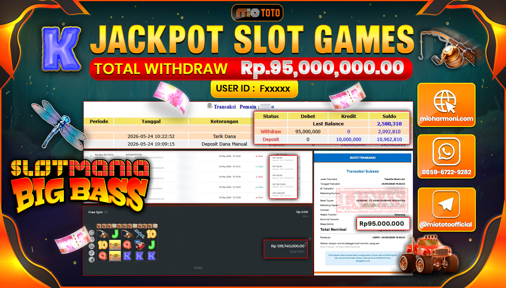 JACKPOT SLOT MANIA BIG BASS Rp.95,000,000 DI BAYAR TUNAI !!!