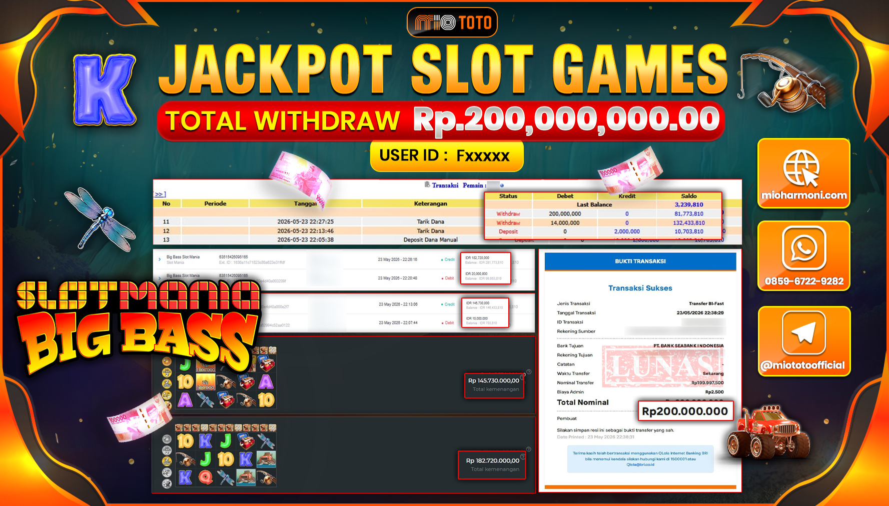 JACKPOT SLOT MANIA BIG BASS Rp.200,000,000 DI BAYAR TUNAI !!!