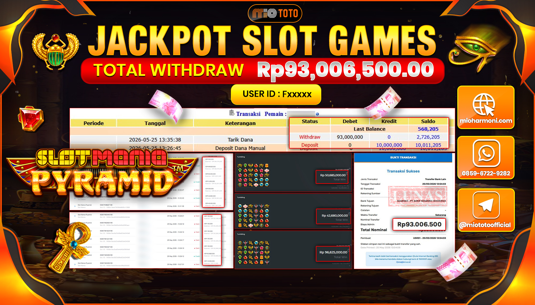 JACKPOT SLOT MANIA PYRAMID Rp.93,006,500 DI BAYAR TUNAI !!!