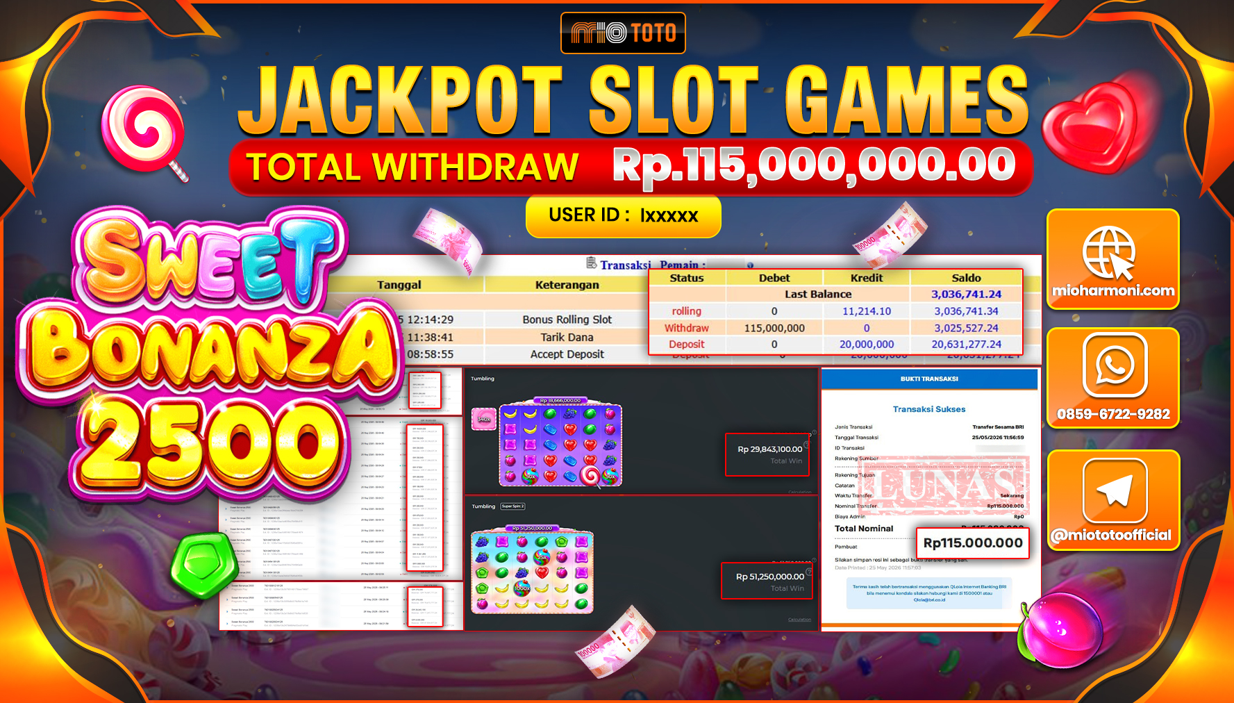 JACKPOT SLOT SWEET BONANZA 2500 Rp.115,000,000 DI BAYAR TUNAI !!!