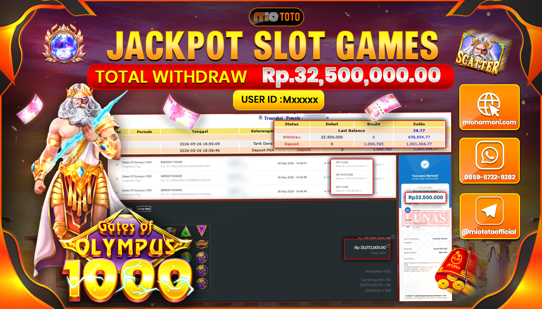 JACKPOT SLOT GATES OF OLYMPUS 1000 Rp.32,500,000 DI BAYAR TUNAI !!!