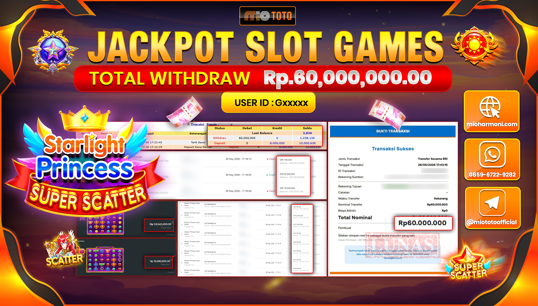 JACKPOT SLOT STARLIGHT PRINCESS SUPER SCATTER Rp.60,000,000 DI BAYAR TUNAI !!!